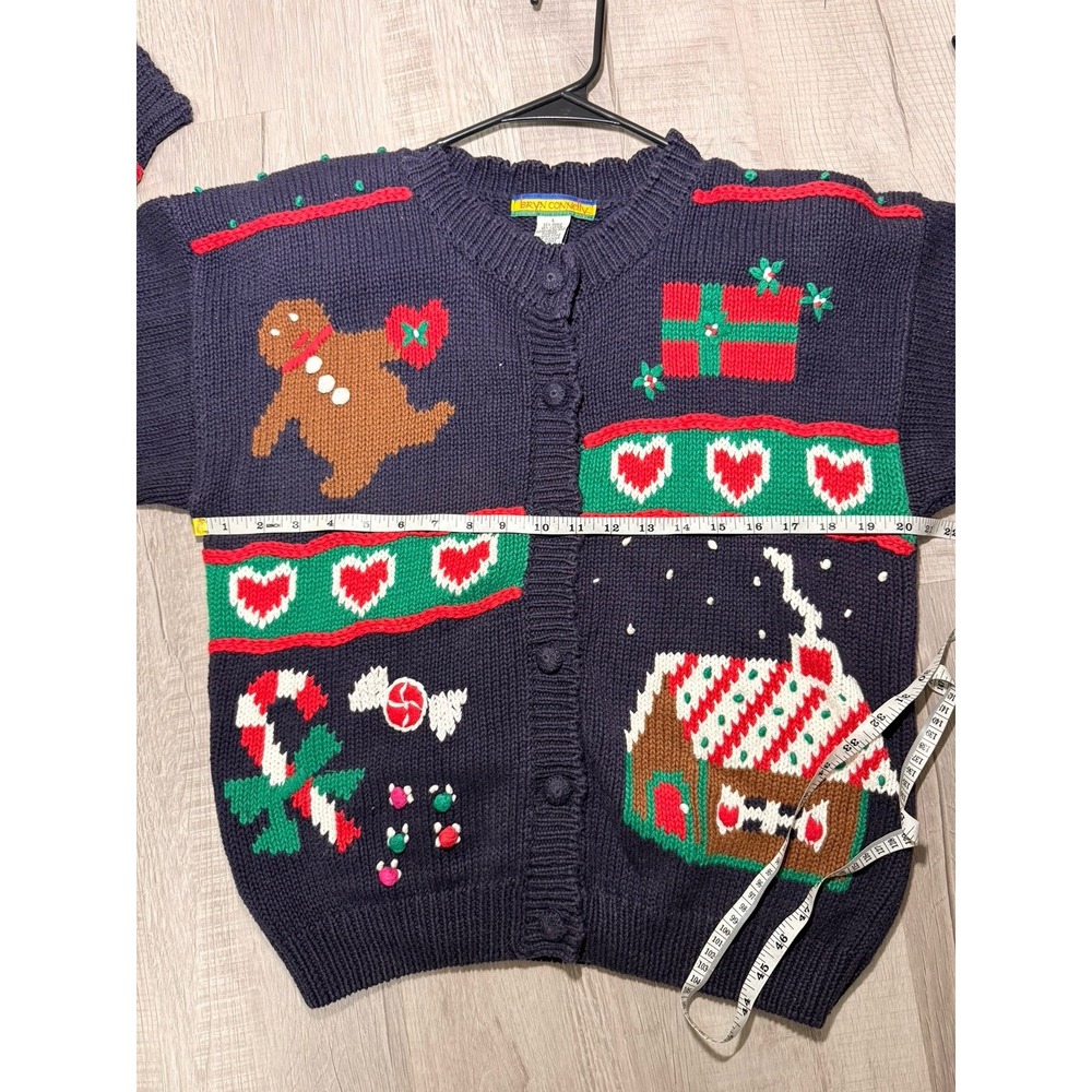 Vintage Navy 1990s gingerbread house holiday Christmas knit sweater cardigan lge